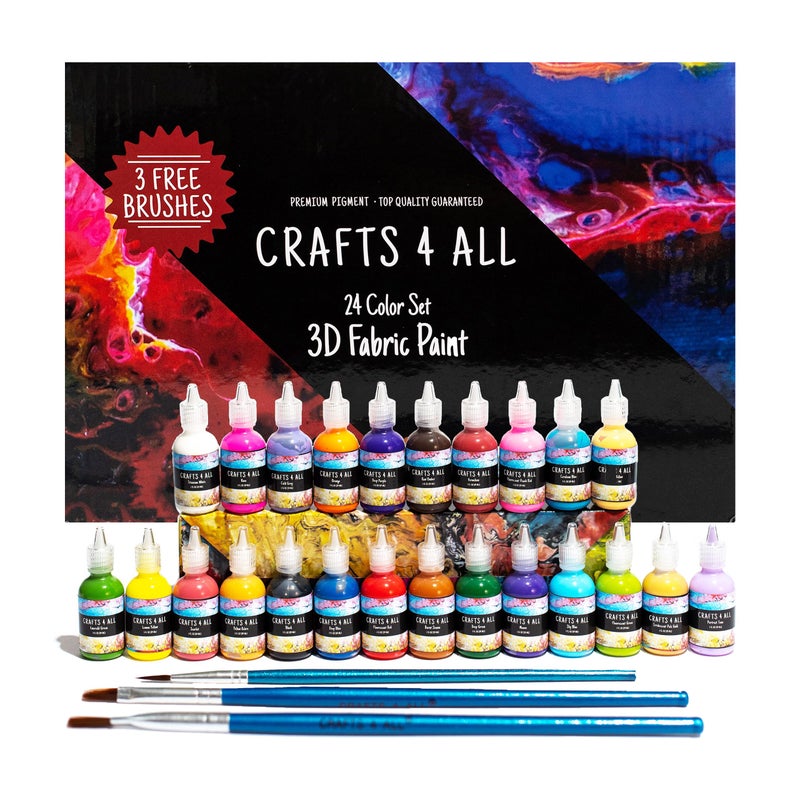 Crafts 4 ALL مجموعة دهانات الأقمشة من Crafts 4 All - عبوة من 24 دهان دائم، دهانات ثلاثية الأبعاد متنوعة لتزيين الملابس، الأحذية، القماش، الخشب والورق - فرش مشمولة - مستلزمات فنية - Image 1